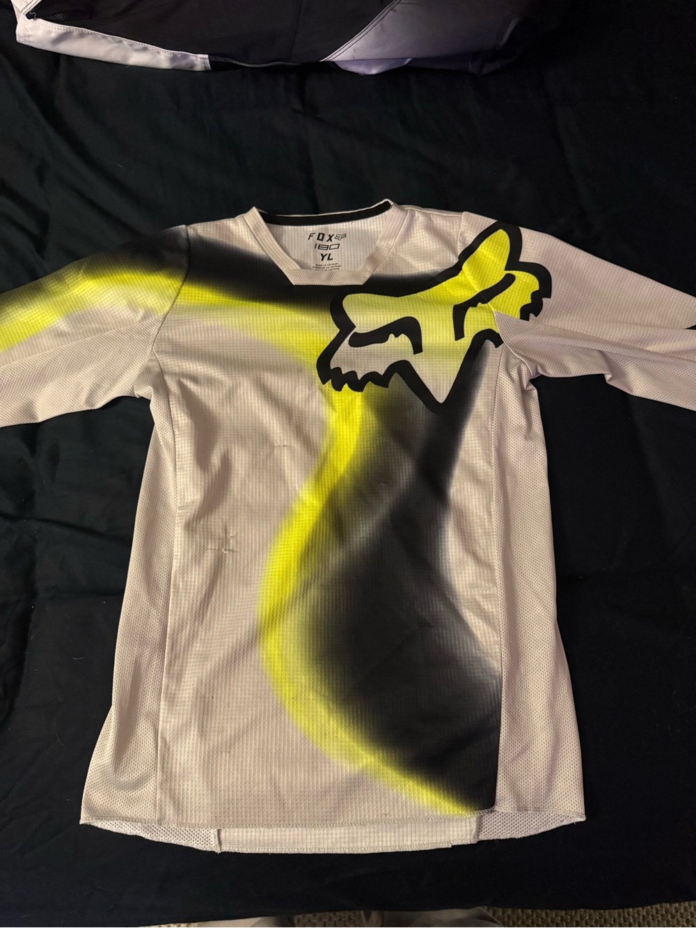Fox White Long Sleeve Motocross Jersey with Yellow & Black Graphic